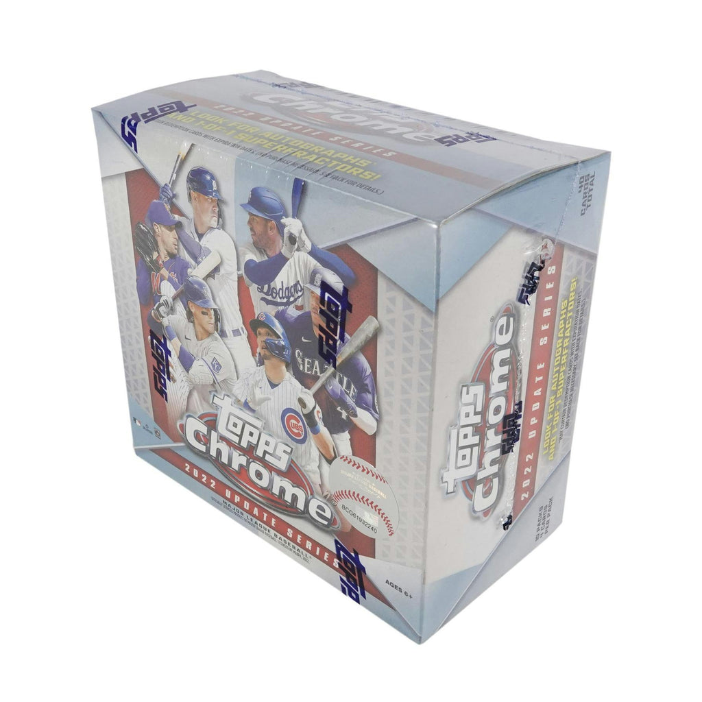 2022 Topps Chrome Update Series Baseball Mega Box angled view showing 10 packs, 4 cards per pack